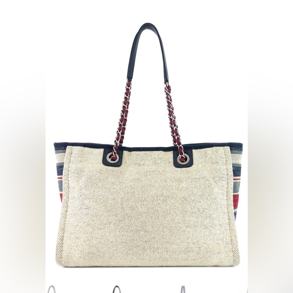 CHANEL Deauville Small Canvas Shopping Tote Bag Cream Multicolor Sides Authentic - Picture 3 of 11